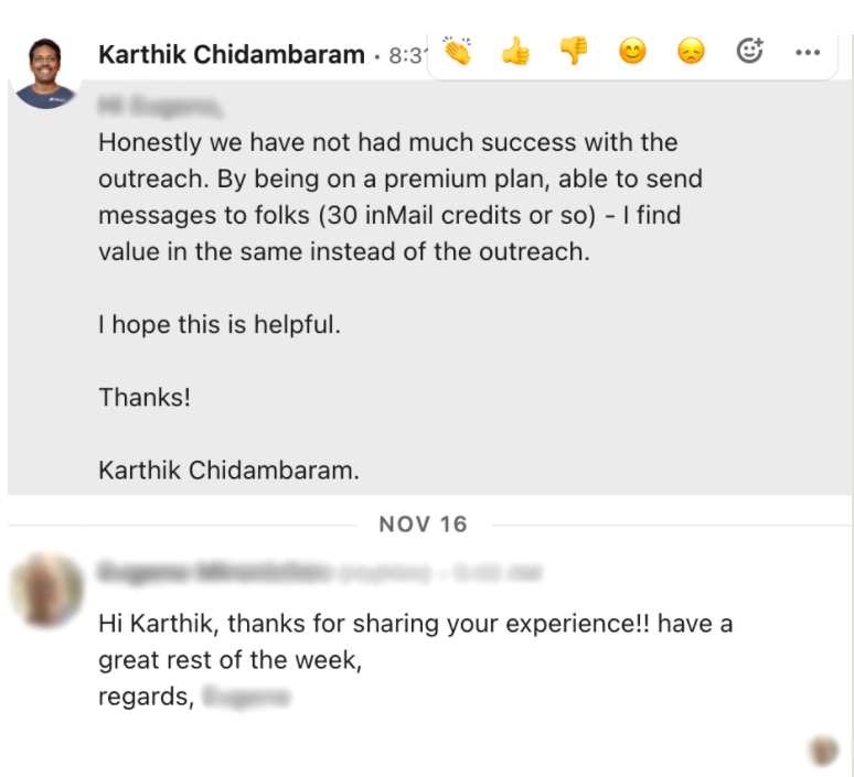 Response for the LinkedIn outreach feedback