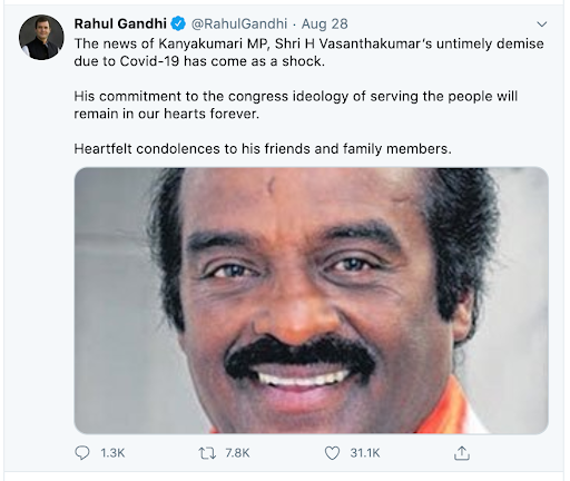 Shri Rahul Gandhi's tweet on Shri H Vasanthakumar's demise