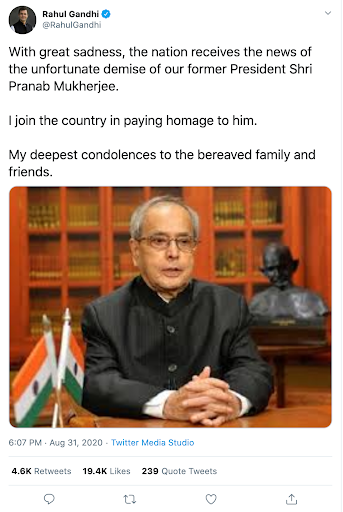 Shri Rahul Gandhi's tweet on Former President Pranab Mukherjee's demise