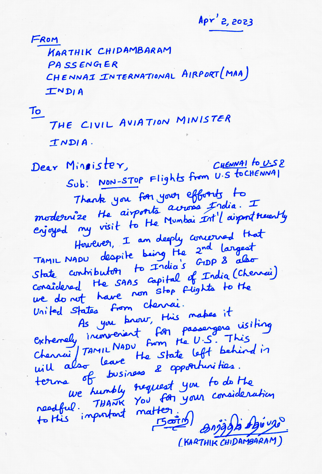 Letter to civil aviation minister